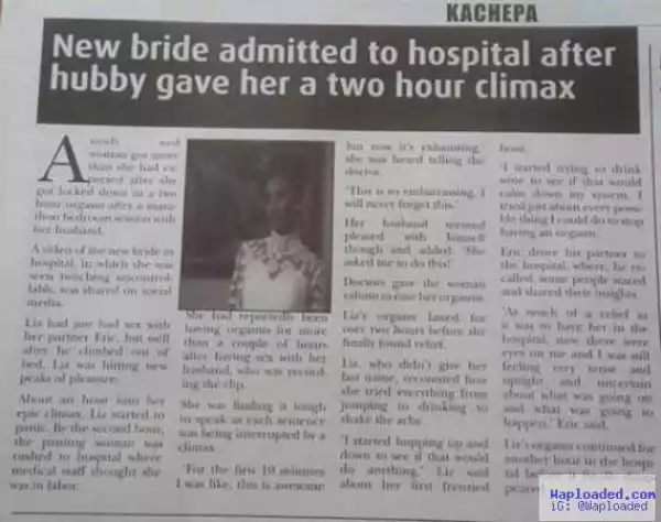 Baddest!!! New Bride Admitted To Hospital After Husband Gave Her Climax After Two-Hour Of S’ex